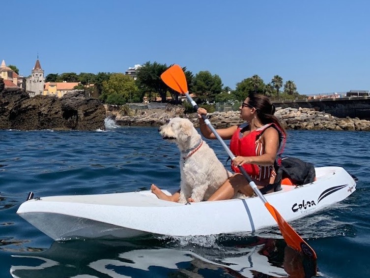 A kayaker with a dog paddling past the Santa Marta lighthouse in Cascais
