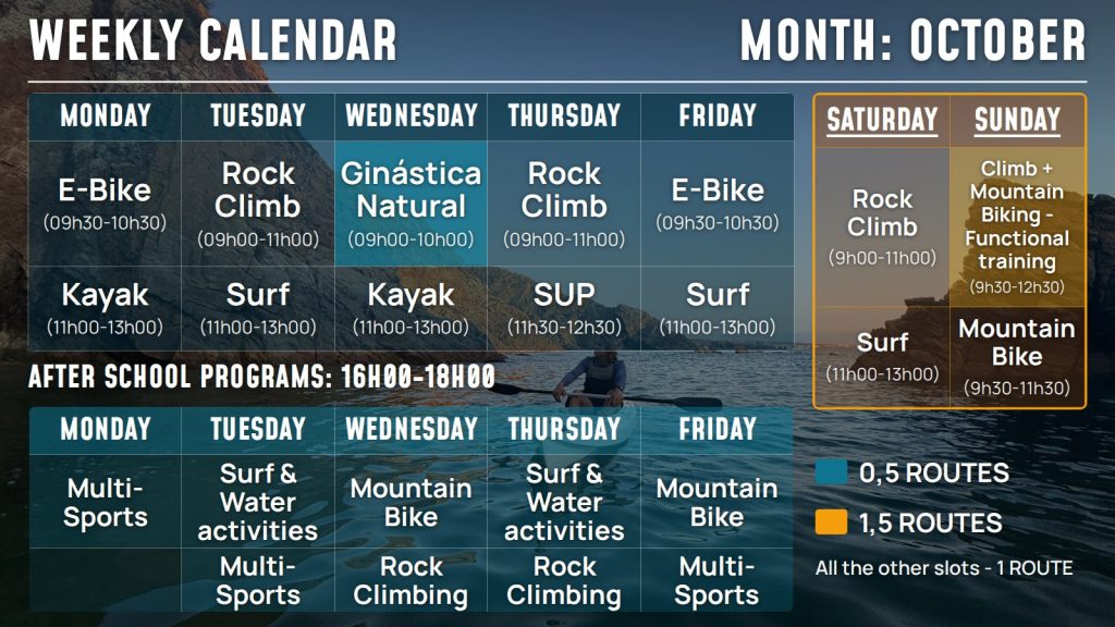 Routes Club weekly calendar for October 2026, adult weekday sessions and kids weekend clubs